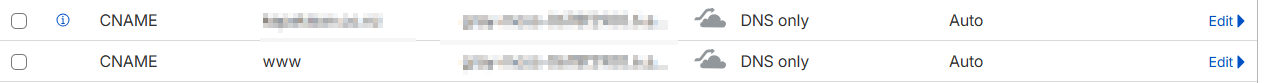 Cloudflare DNS panel showing two CNAME records both set to DNS only status with grey cloud icons