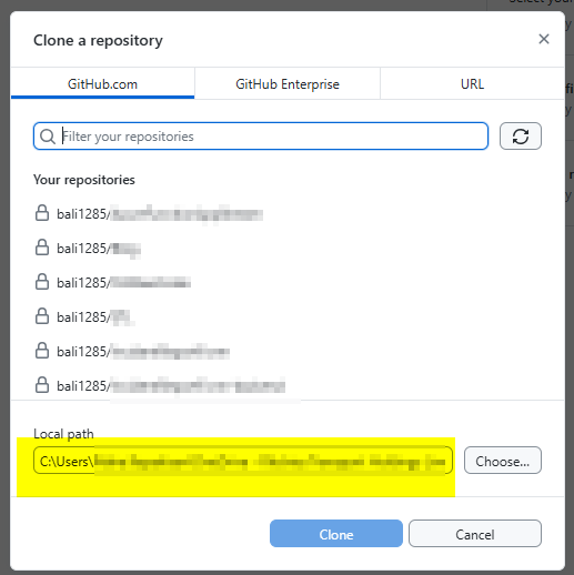 GitHub Desktop Clone a repository dialog showing the repository list with bali1285 repositories and the local path field highlighted in yellow