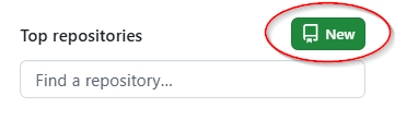 GitHub dashboard showing the green New repository button in the top repositories sidebar