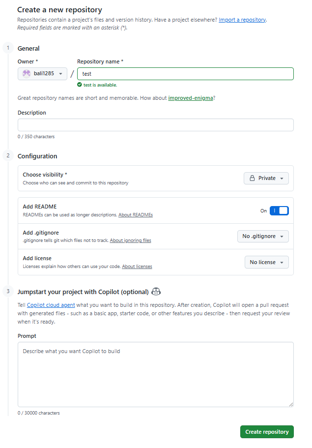 GitHub Create a new repository form showing the owner field set to bali1285, repository name field with test entered, Private visibility selected, and Add README toggled on