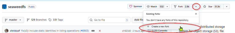 GitHub repository page showing the Fork button dropdown with Create a new fork option highlighted