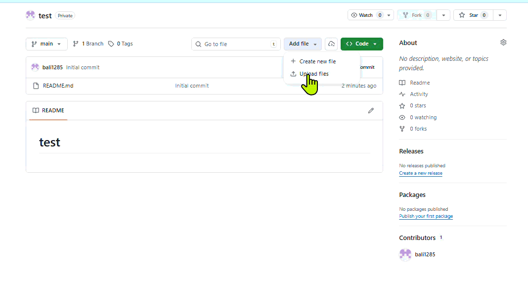 Screen recording showing GitHub repository page with Add file menu open, selecting Upload files, then dragging and dropping the project folder and clicking Commit changes