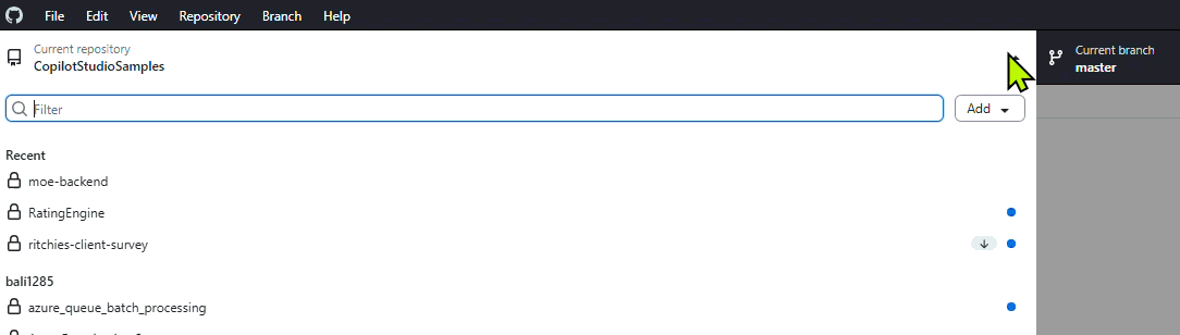 Screen recording showing GitHub Desktop clone repository dialog, selecting the repository from the list, choosing a local path, and clicking Clone