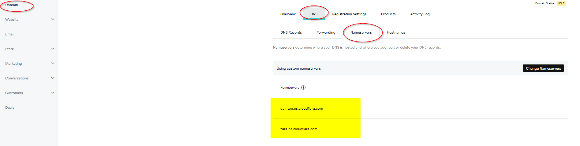 GoDaddy domain DNS settings showing the Nameservers tab selected with custom nameservers set to quinton.ns.cloudflare.com and zara.ns.cloudflare.com highlighted in yellow