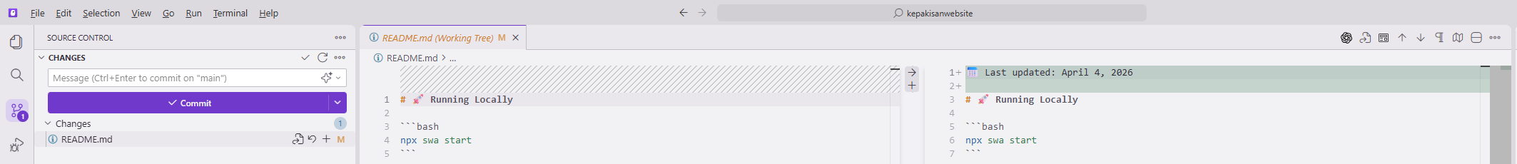 Kiro source control panel showing changed files on the left with a diff view on the right highlighting the added line in green