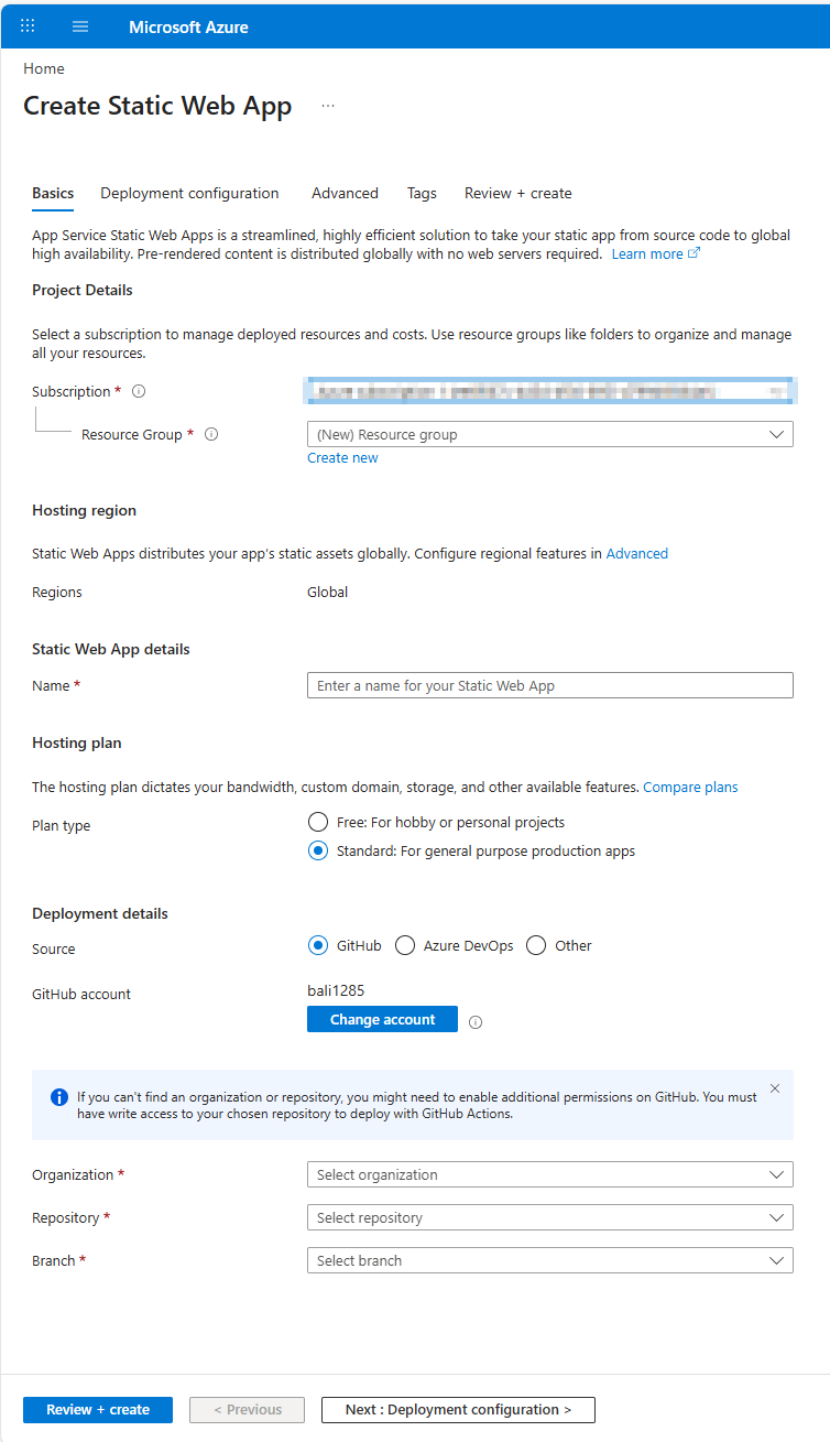 Azure portal Create Static Web App Basics tab showing subscription, resource group, name field, Free and Standard plan options, GitHub deployment source selected, and repository/branch selectors