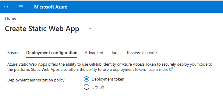 Azure portal Deployment configuration tab showing Deployment token and GitHub authorization options with GitHub selected