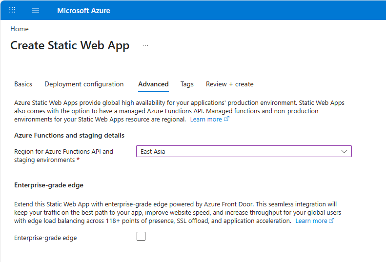 Azure portal Advanced tab showing Azure Functions region set to East Asia and Enterprise-grade edge option unchecked